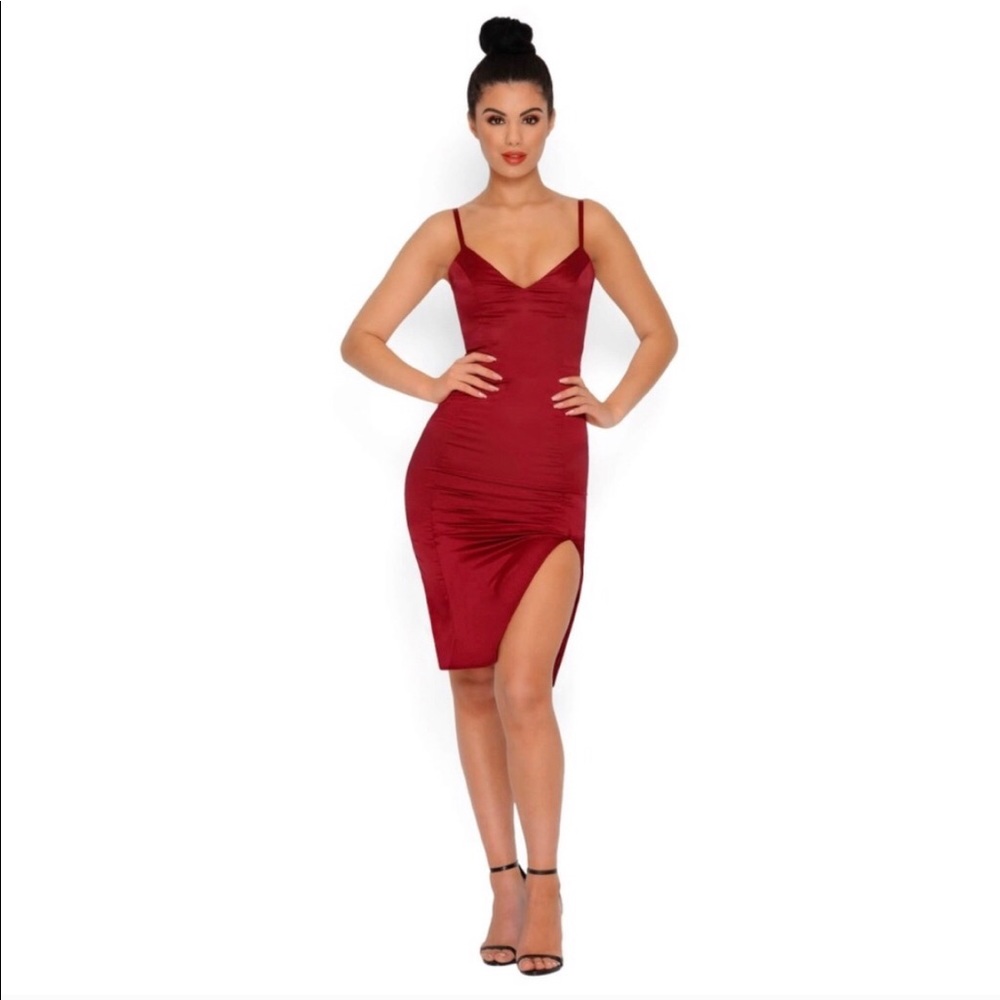 Thigh Split Satini Mini Dress In Wine